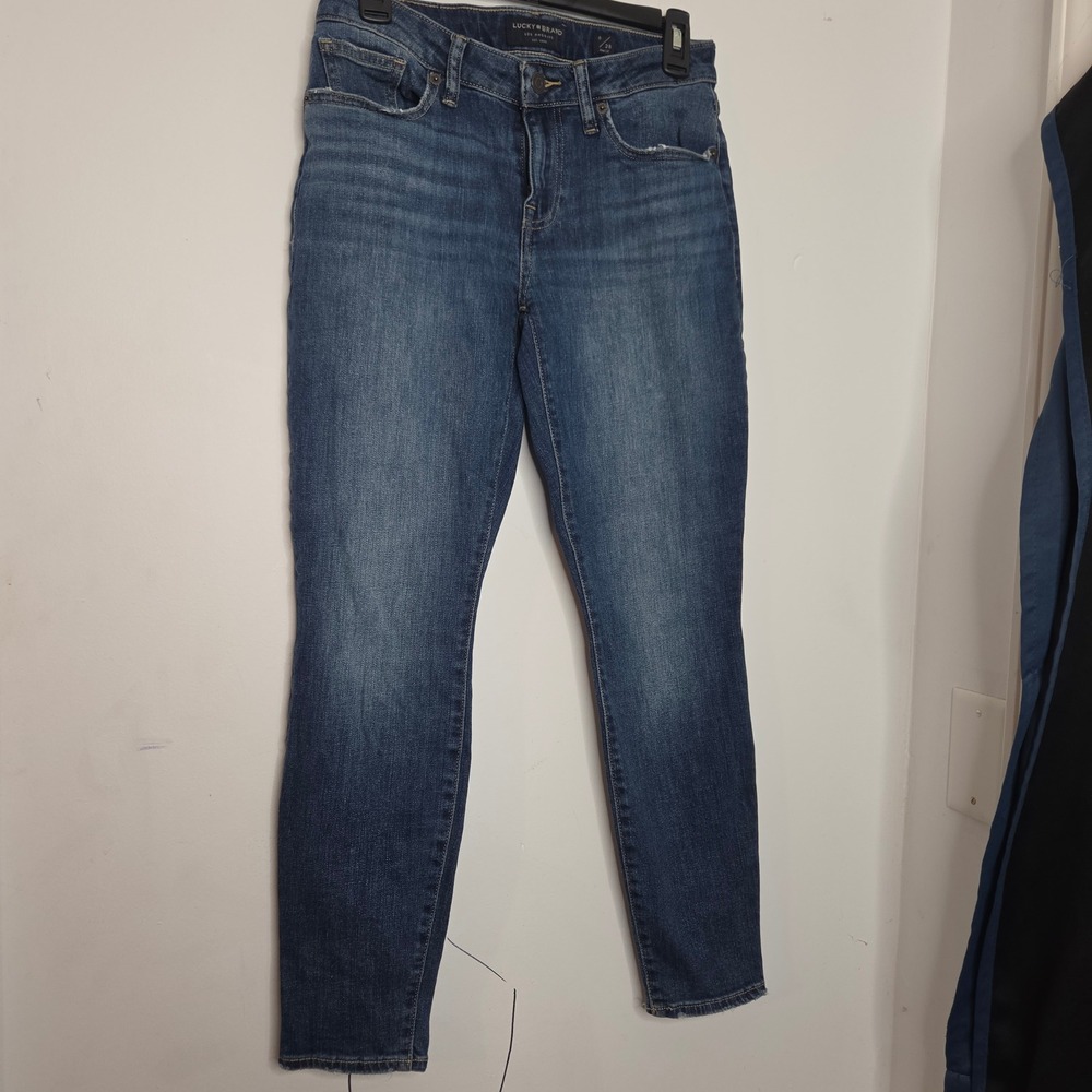 Lucky Brand Skinny Ankle Jeans Medium Wash Blue Denim Size 6/28 Mid Rise Frayed
